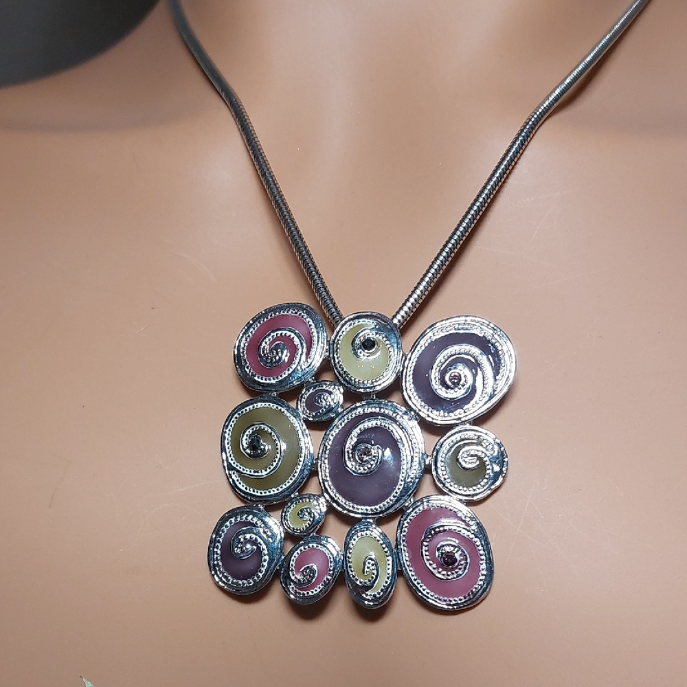 Passion Enamel Swirl Square Pendant Silvertone Necklace Purple